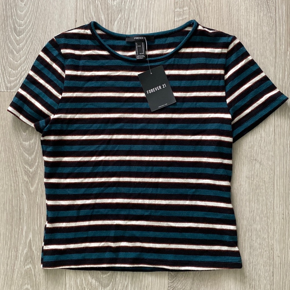 Forever 21 Knit Top Black / Cream / Teal | Striped Crop Top | Size Medium